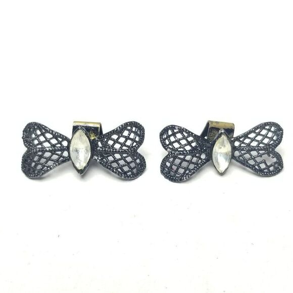 Vintage Black Rhinestone Bow Wing Shape Shoes Dress Clips, Retro 60s 70s style - Picture 1 of 5